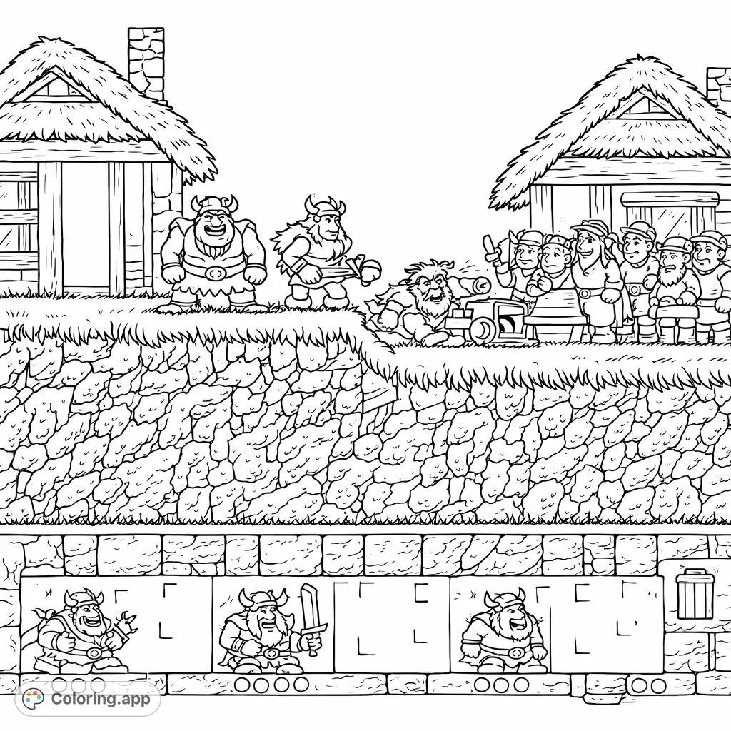 Join a lively gathering of robust, cartoon-style characters in a fantasy village, featuring thatched huts and textured landscapes. Perfect for adventurers of all ages.