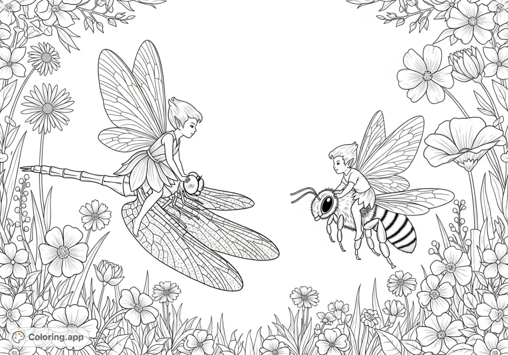 Discover a magical fairy coloring page featuring a female fairy on a dragonfly and a male fairy on a bee amidst a field of intricate wild flowers.