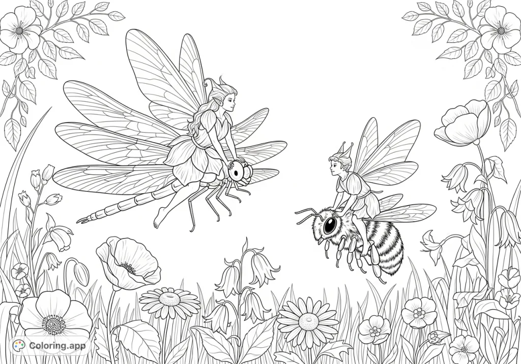 An enchanting fairy coloring page featuring two detailed fairies with insect wings, riding a majestic dragonfly and a fuzzy bee amidst a meadow of wildflowers.