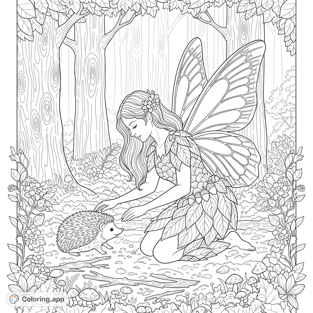 A whimsical forest fairy with butterfly wings plays joyfully with a cute hedgehog amidst lush forest elements. A magical scene for creative coloring fun.