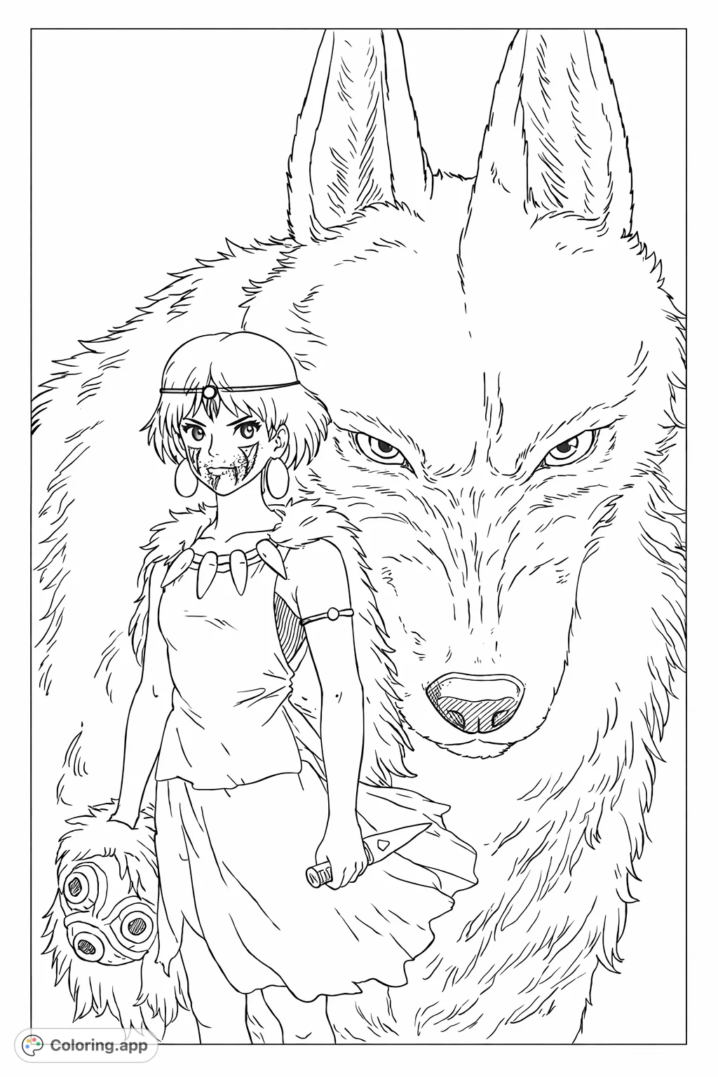 A fierce young guardian stands with her majestic wolf companion and forest spirit. Explore the untamed world of this anime-inspired scene.