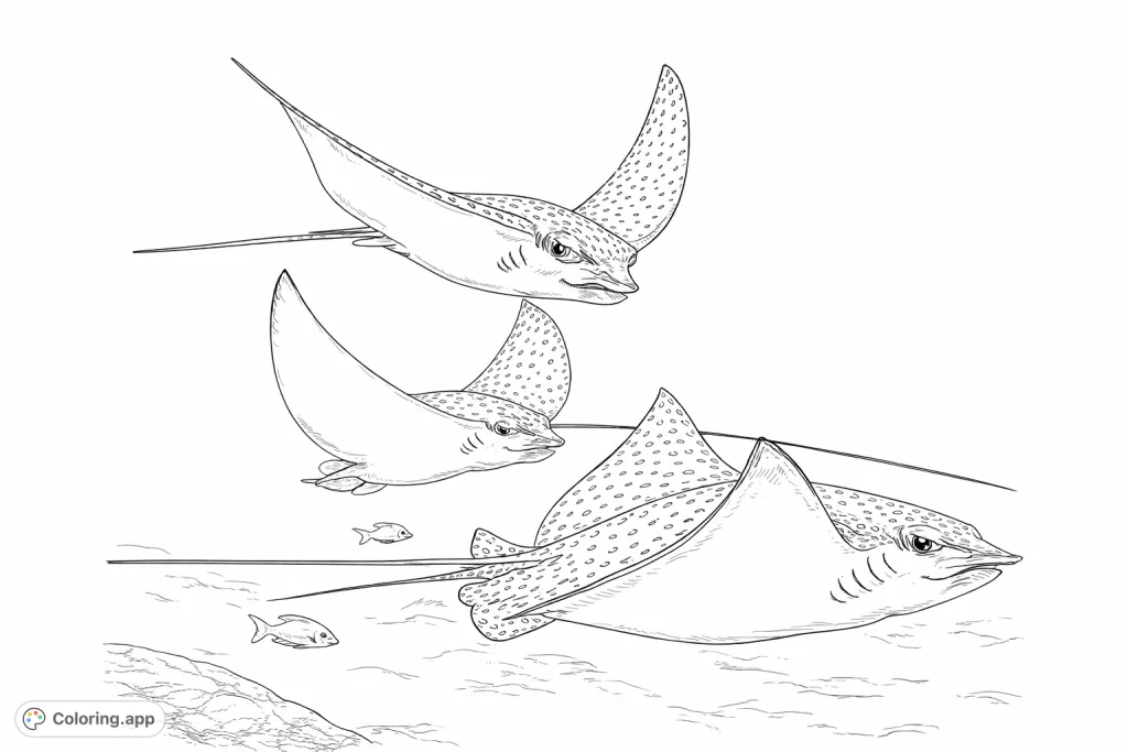 Dive into an underwater world with three majestic spotted eagle rays gliding gracefully. A detailed marine life scene perfect for realistic coloring.