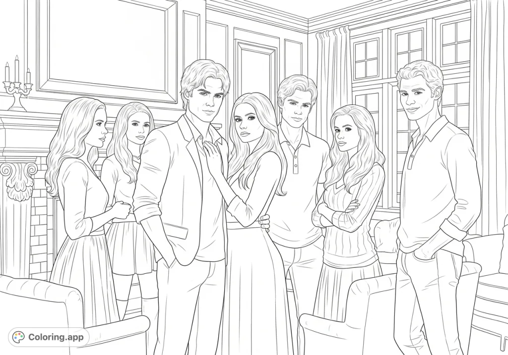 An epic ensemble of Damon, Elena, Caroline, Bonnie, Stefan, and Klaus from The Vampire Diaries, gathered in a dramatic, detailed setting.