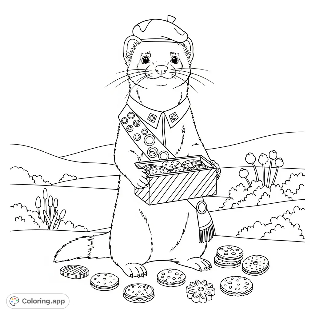 A charming ferret in a Girl Scout uniform offers delicious cookies, ready for you to color! Perfect for a fun, creative session.