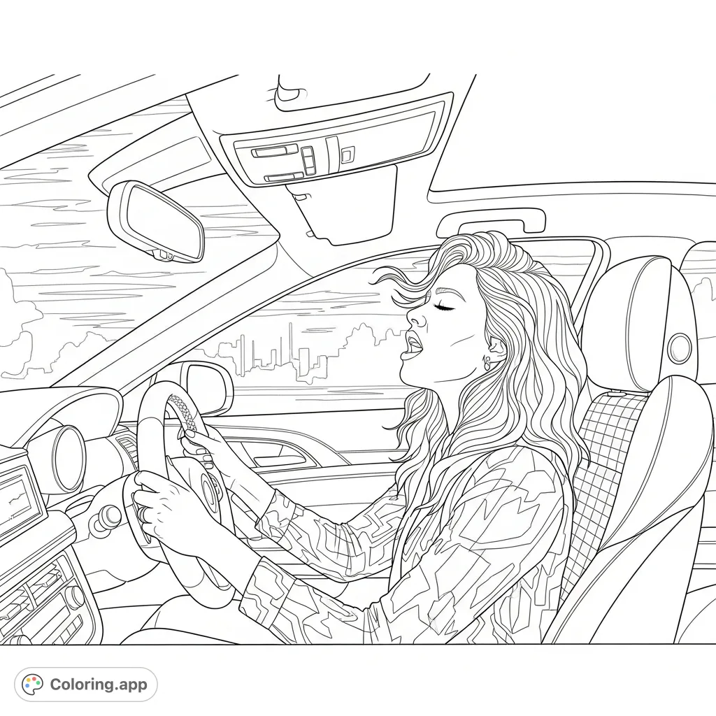 Captivate fans with an Olivia Rodrigo coloring page, featuring the pop star passionately singing while driving a stylish car. A free printable coloring page for music lovers.