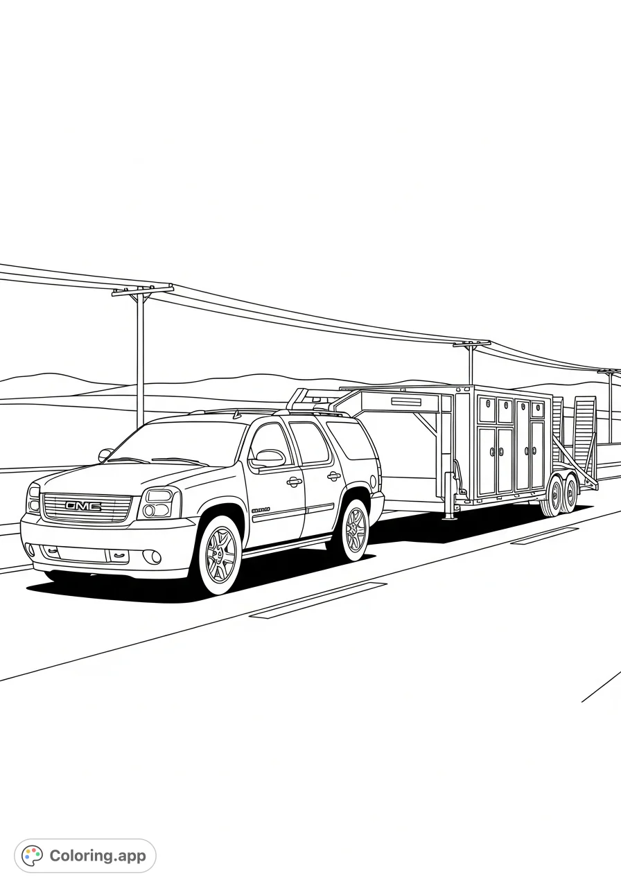 A detailed Denali SUV confidently tows a large hauling trailer along a highway, ready for adventure. Perfect for vehicle enthusiasts to personalize with their favorite palette.