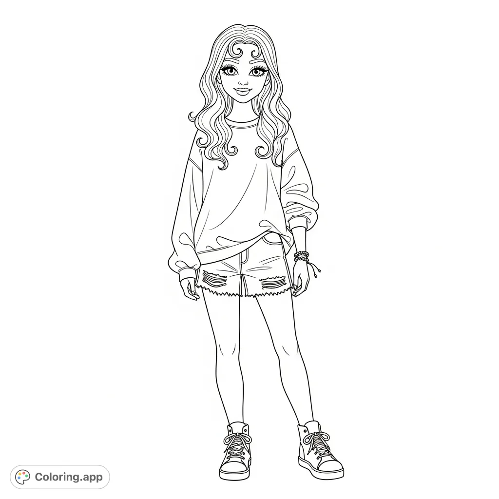 Capture the essence of youth with this stylish teen girl, featuring wavy hair, an oversized sweatshirt, ripped shorts, and high-top shoes. Perfect for creative expression.