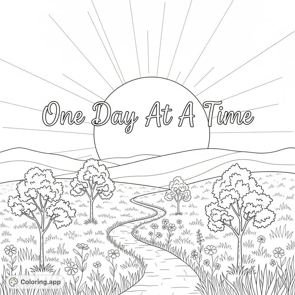 A tranquil 'One Day At A Time' coloring page featuring inspiring text, a winding path, gentle hills, and a serene celestial body for mindful reflection.