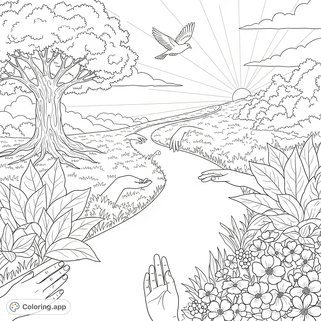 Embark on a symbolic journey of healing with this serene coloring page. A winding path, flourishing plants, and supportive hands represent growth, hope, and new beginnings.