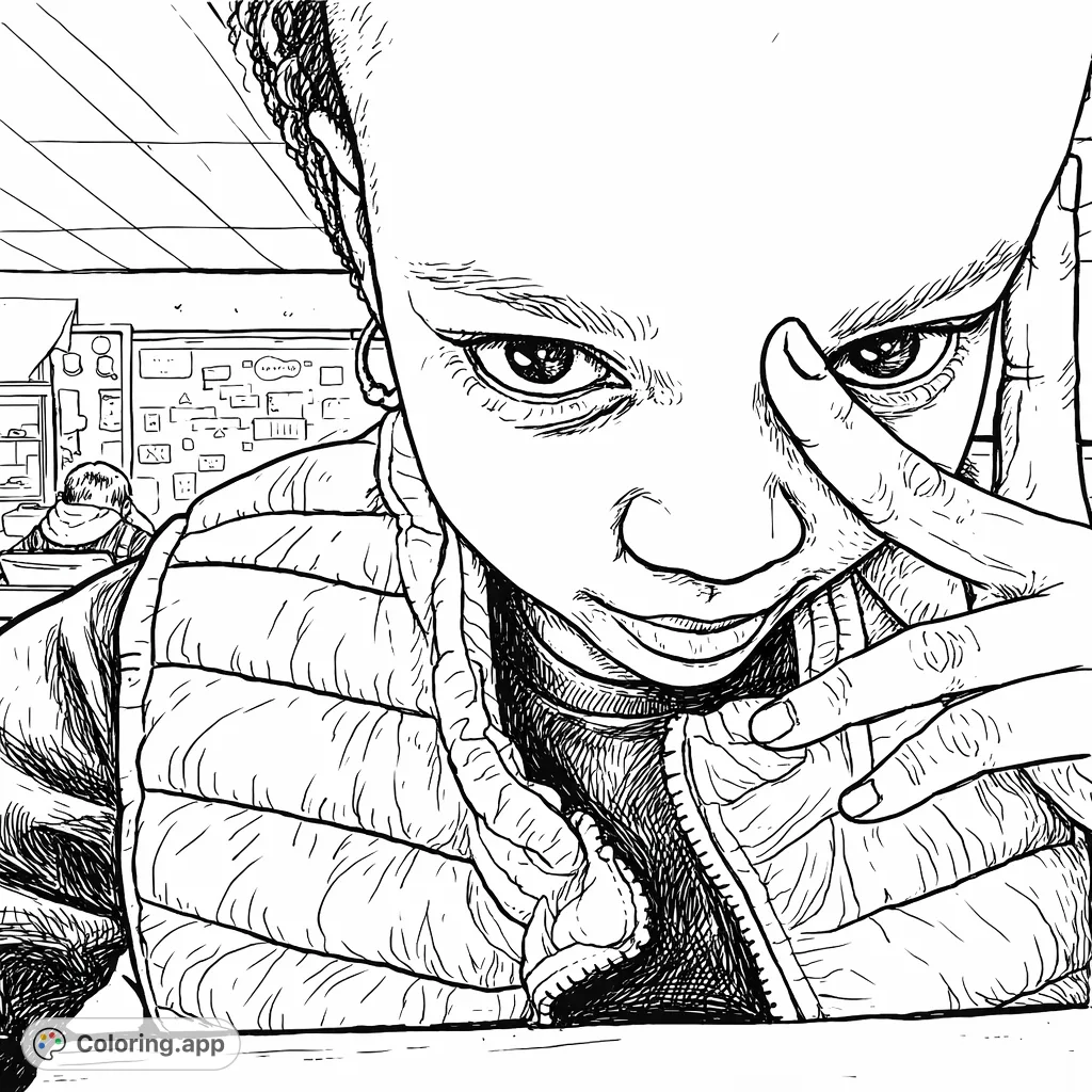 A detailed coloring page featuring a thoughtful student in a classroom setting, perfect for reflection or academic themes, with a hand-drawn sketch appearance.