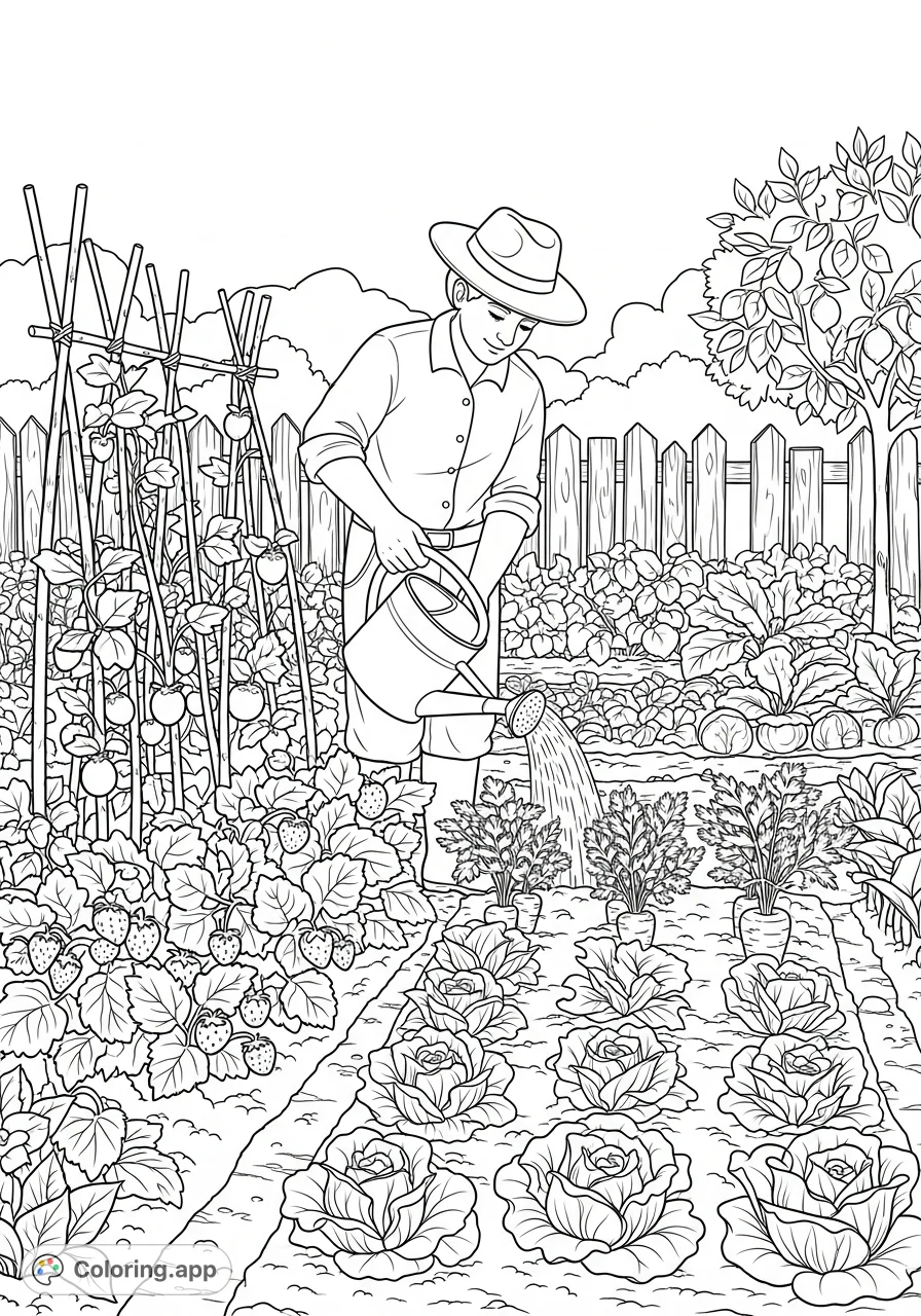 A delightful garden scene featuring a person diligently watering a bounty of fruits and vegetables, ready for harvest. A serene nature escape.