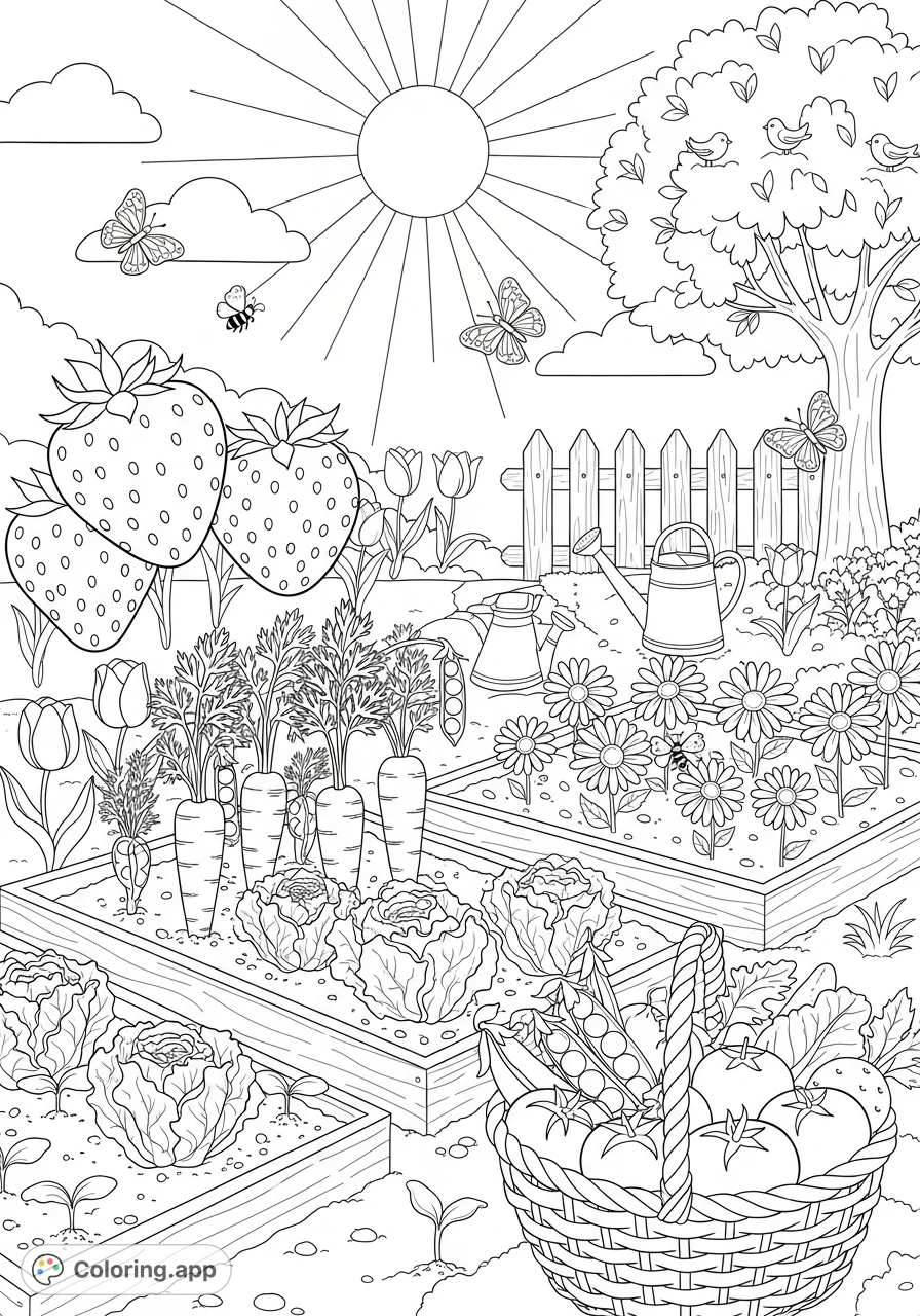 A delightful spring garden scene featuring cheerful fruits and vegetables, blooming flowers, busy insects, and a basket of fresh produce. Perfect for young colorists.