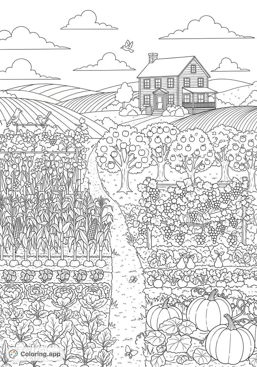 Explore a charming farmhouse garden coloring page, featuring bountiful fruit trees, rows of vegetables, and a quaint farmhouse under a serene sky. A delightful free printable coloring page for all!