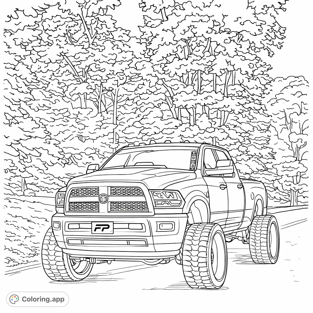 Color a powerful lifted pickup truck with wide tires on a winding road, backed by a dense canopy of detailed trees. Perfect for vehicle enthusiasts!