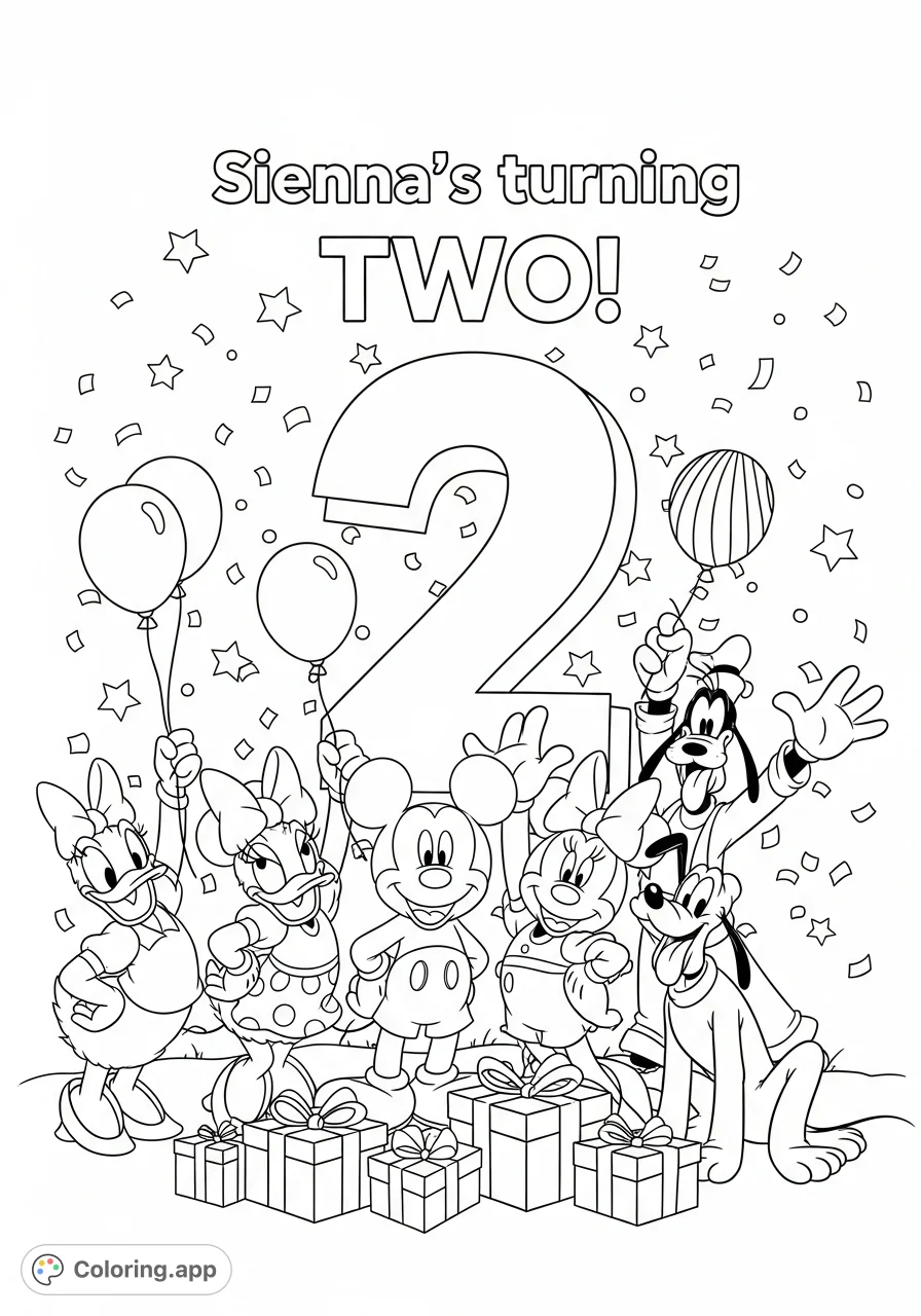 Join Mickey Mouse, Minnie, Donald, Daisy, Goofy, and Pluto for a delightful birthday celebration with balloons, gifts, confetti, and festive cheer!