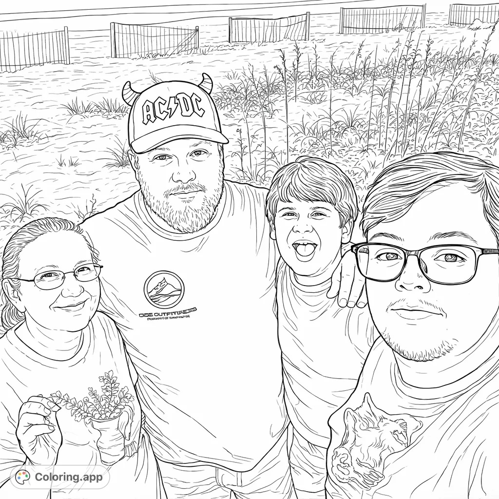 A cheerful family enjoying a day out near sandy dunes, featuring unique character details like a horned cap and floral shirt. Perfect for personalizing!