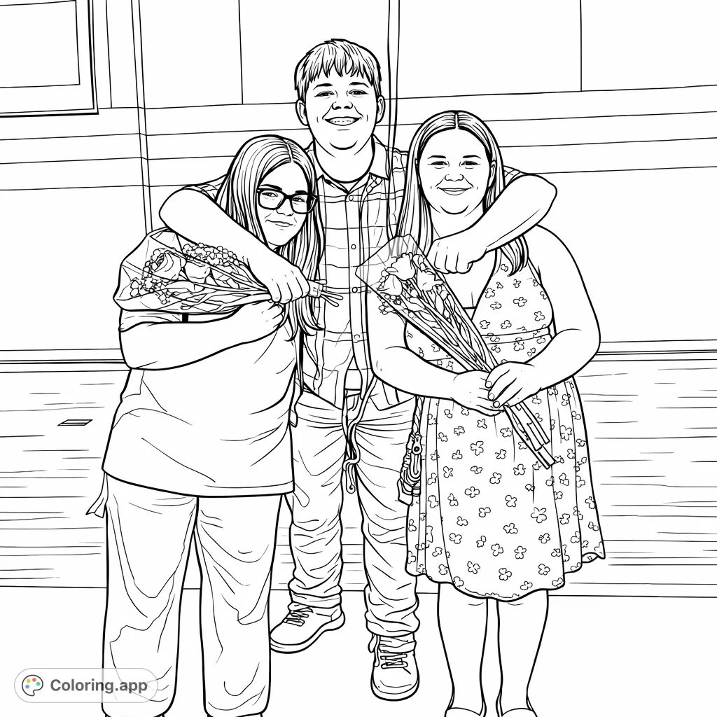 A heartwarming group portrait of three friends, holding bouquets, celebrating a special moment in a gym setting. Perfect for all ages!