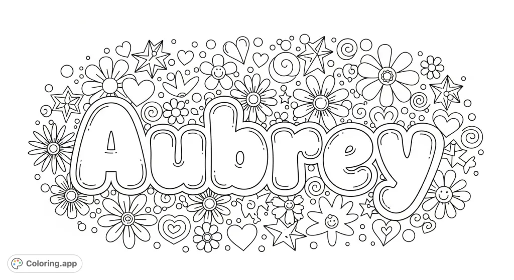 A delightful Aubrey coloring page featuring bubble letters surrounded by a whimsical array of cute flowers, hearts, and stars for a fun, personalized experience.