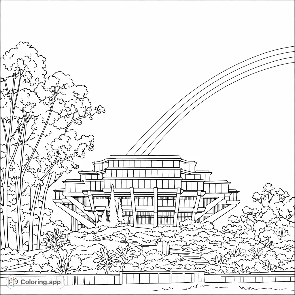 Color a unique stepped building amidst dense foliage, crowned by a sweeping rainbow. An intricate architecture coloring page for detailed artistic expression.