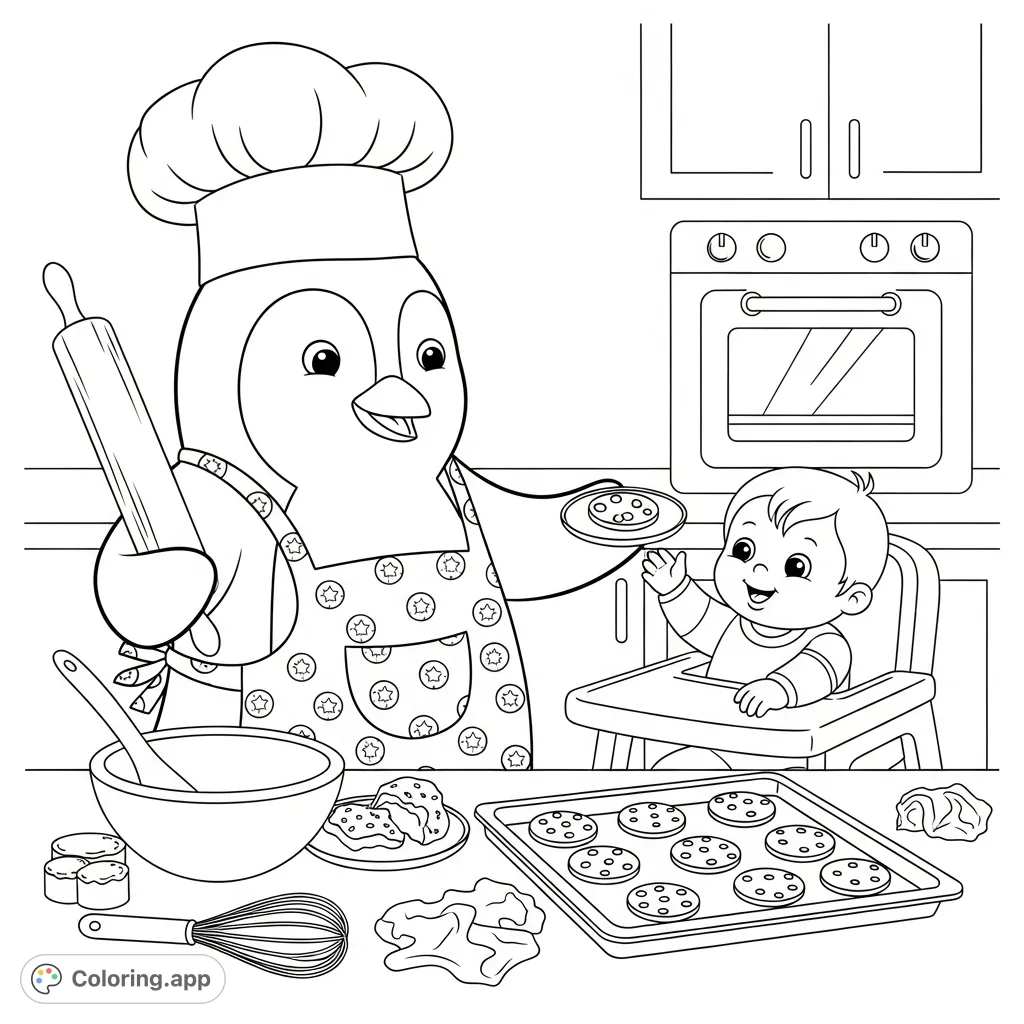 An adorable penguin bakes alongside a joyful toddler, offering a delicious cookie amidst baking tools. A charming scene for creative coloring fun.