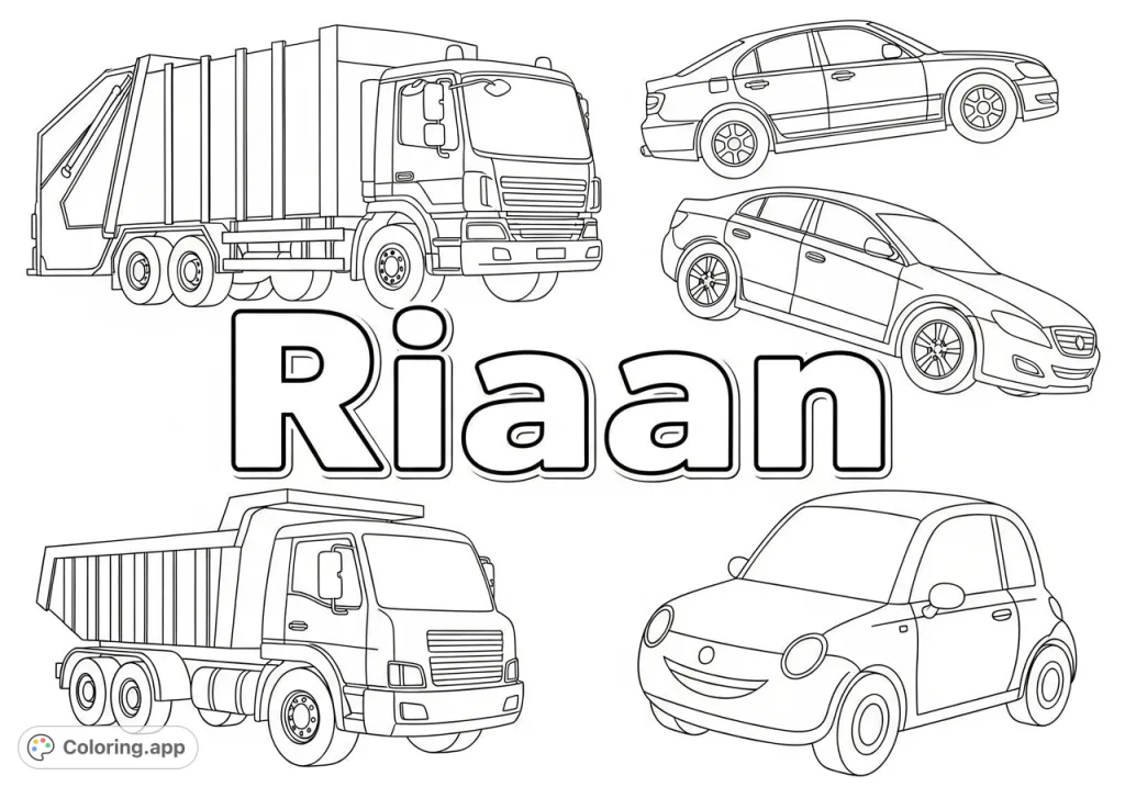 A delightful Riaan's Vehicles coloring page for kids, featuring the name 'Riaan' surrounded by a garbage truck, dumper, and cars. Fun and free printable!