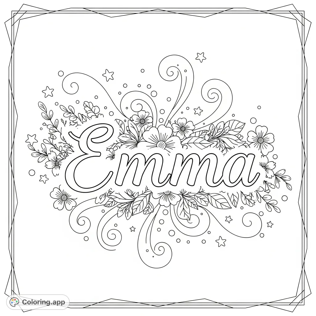 A charming coloring page featuring the name 'Emma' in elegant script, surrounded by intricate floral patterns, delicate swirls, and whimsical stars, perfect for personalization.