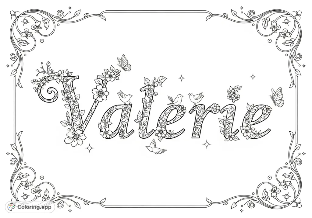 An elegant coloring page featuring the name Valerie in a beautifully detailed floral script, surrounded by intricate blossoms, leaves, and whimsical butterflies. Perfect for personalization.