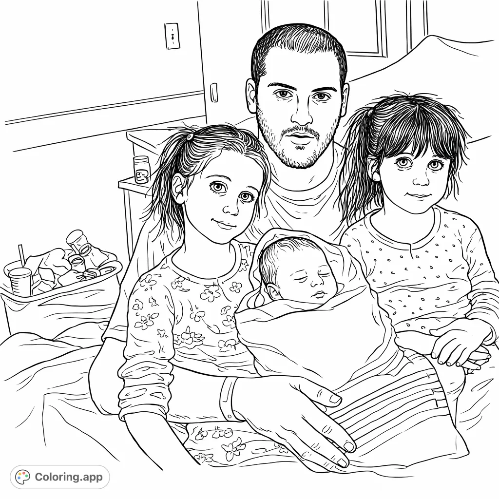 Capture the heartwarming joy of a family welcoming their newest member in this touching portrait coloring page, perfect for all ages.