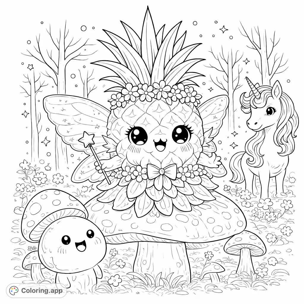 Discover a charming pineapple fairy, a friendly unicorn, and happy mushrooms in a magical forest. A delightful whimsical scene to color!
