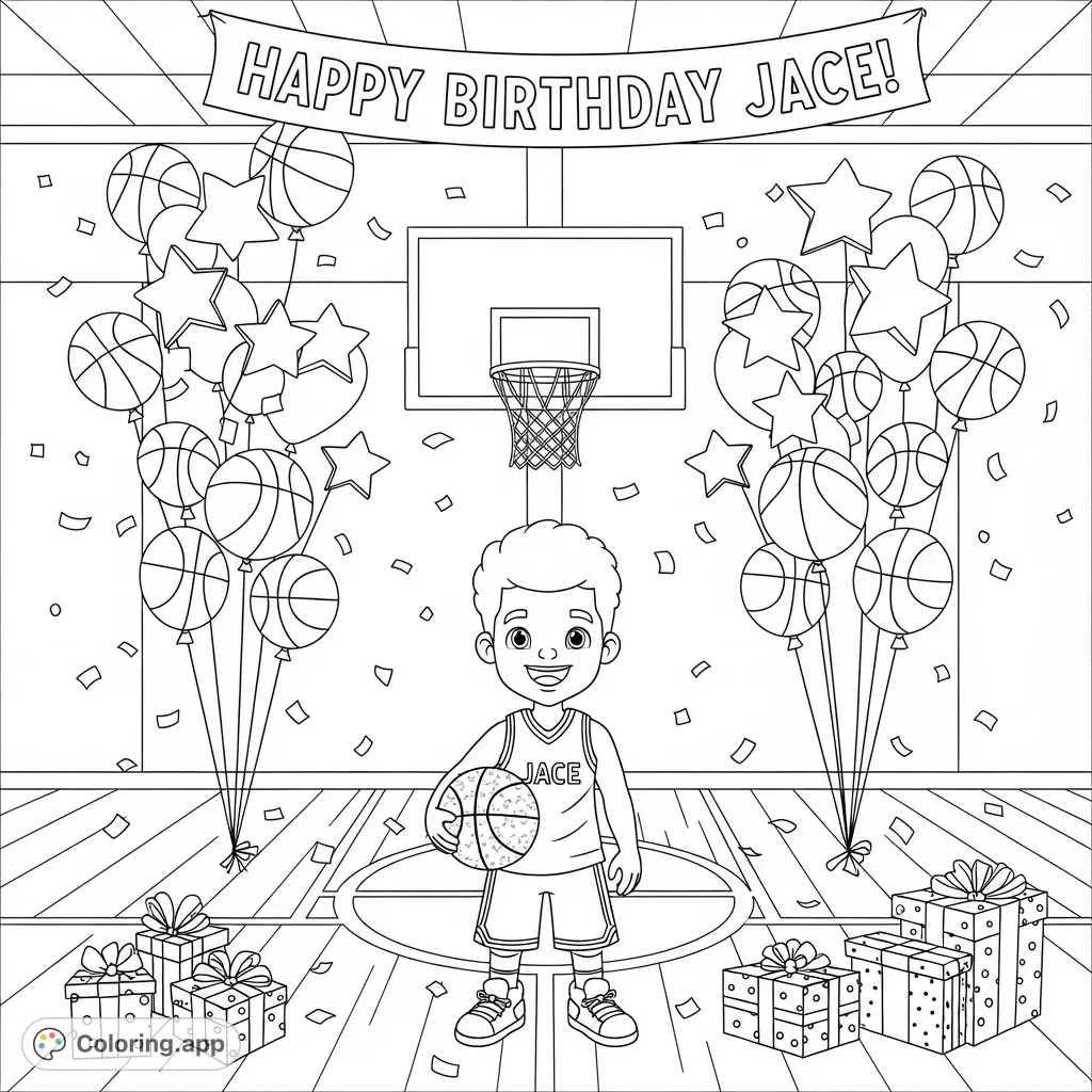 Celebrate JACE's special day with this exciting basketball-themed coloring page! Features JACE, a hoop, and festive party decorations.