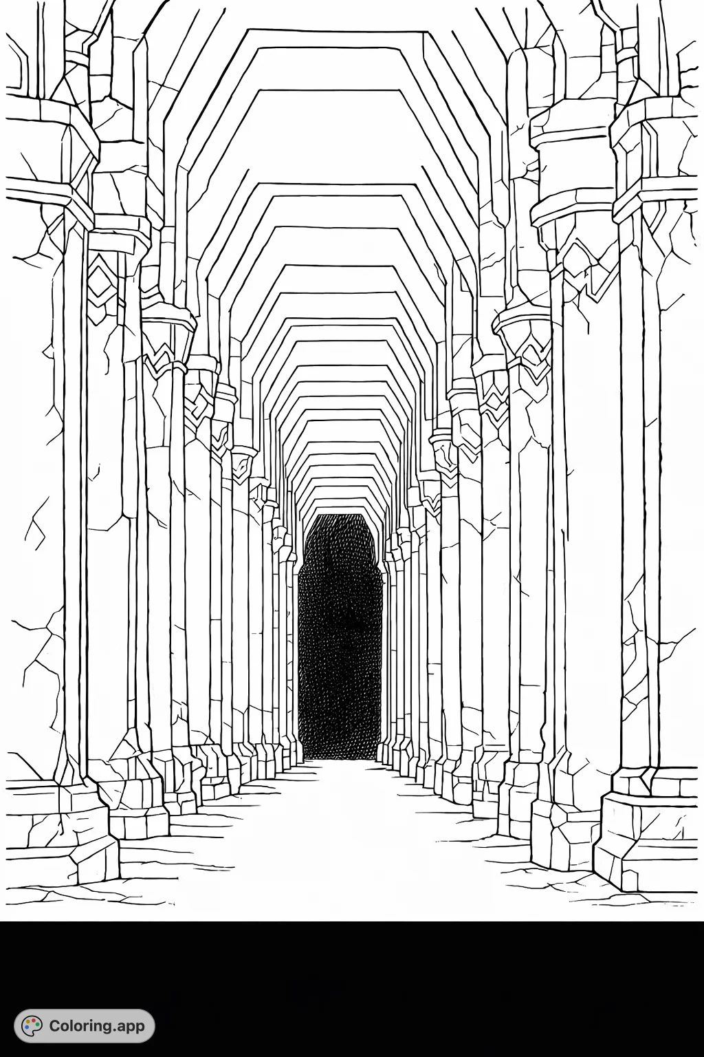 Explore a majestic underground passage with towering pillars and vaulted ceilings, echoing tales of ancient civilizations and hidden realms. A grand fantasy adventure.