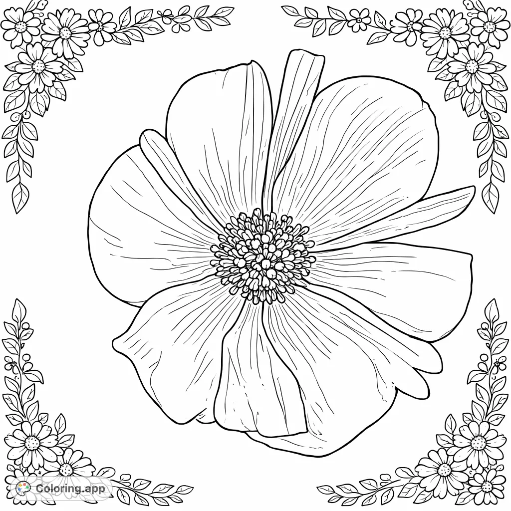 Discover the intricate beauty of an anemone flower, ready for your artistic touch. This floral coloring page features delicate petals and a detailed center, perfect for all ages.