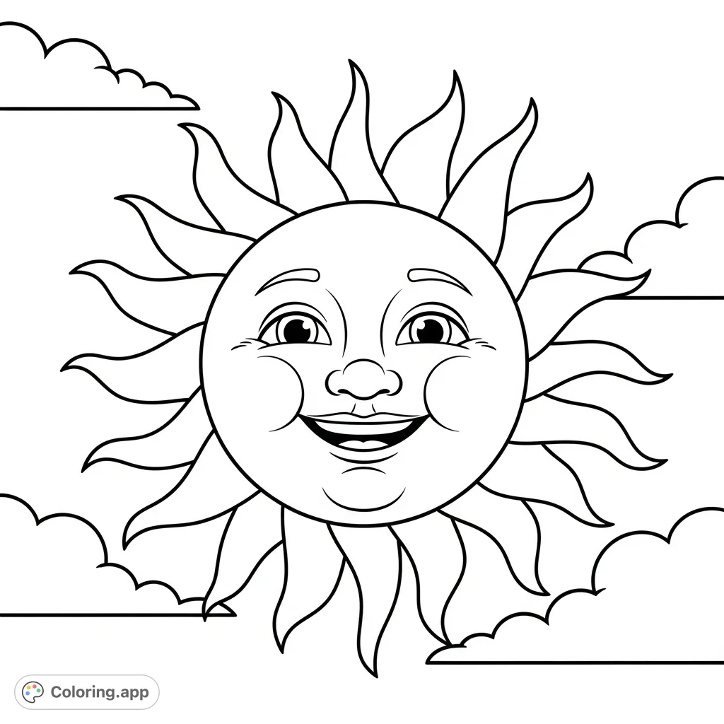 A cheerful sun with a friendly smile and bold rays, surrounded by puffy clouds. A perfect easy sun coloring page for beginners and young artists.