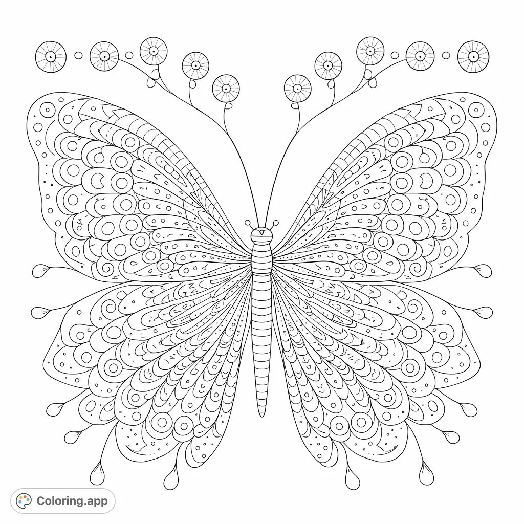 Detailed butterfly with intricate wing patterns and decorative elements. Perfect for mindful coloring and creative expression, offering a rewarding challenge.