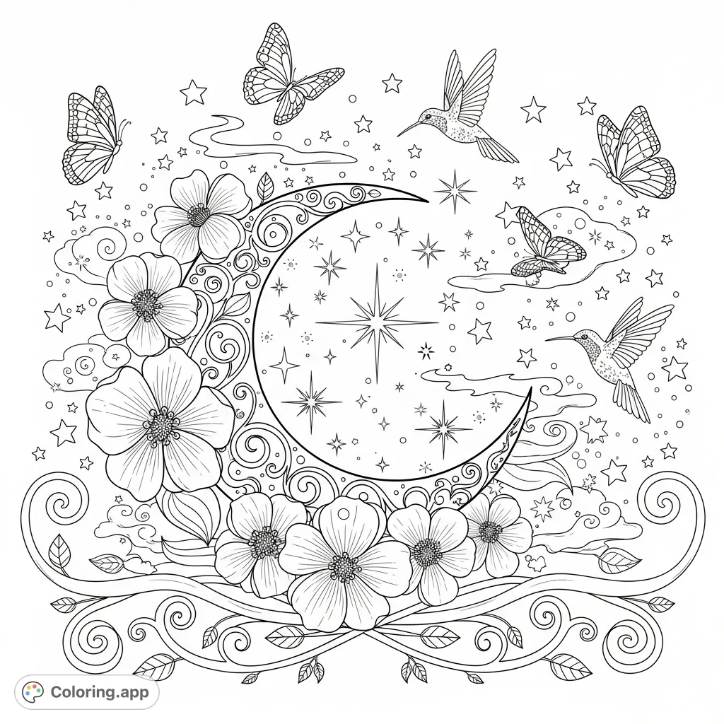 Unwind with a magical, intricate coloring page featuring a celestial moon, whimsical florals, butterflies, and sparkling elements. Perfect for relaxation.