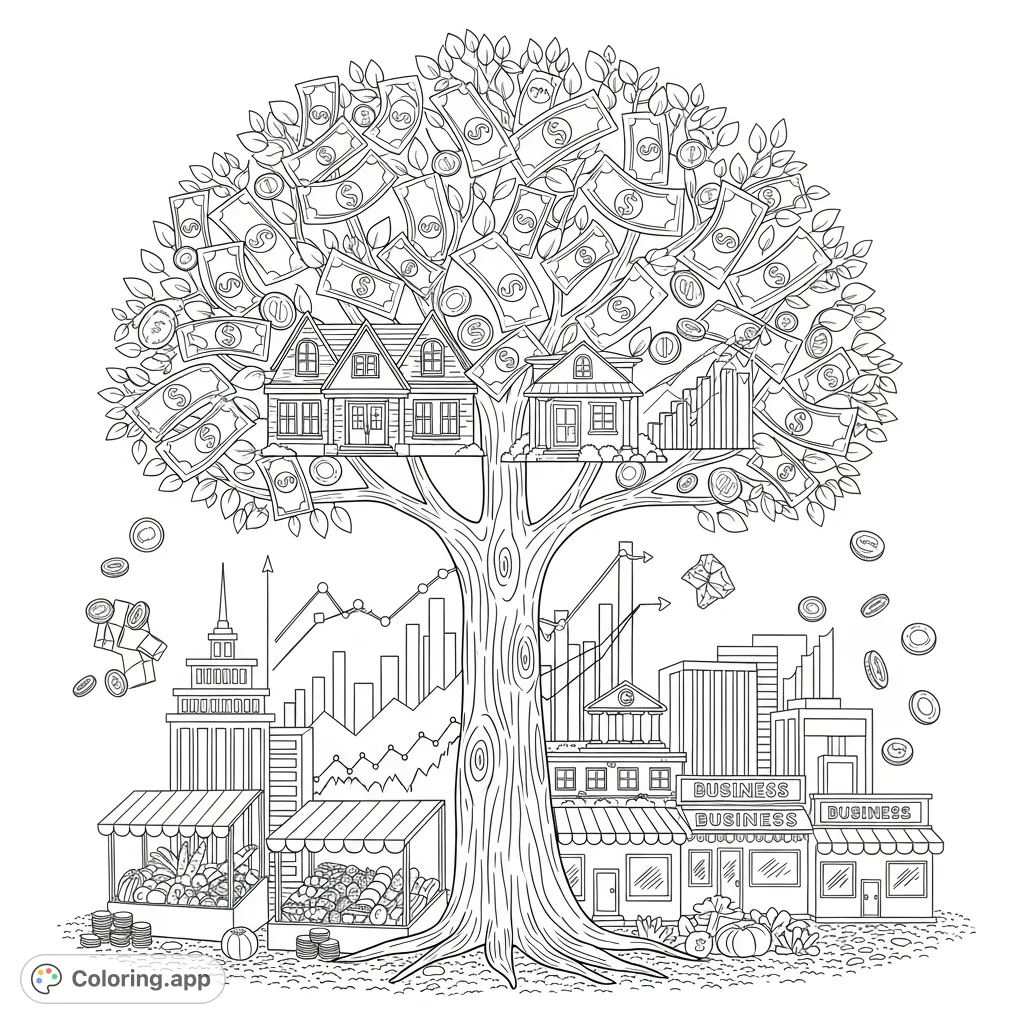 Explore a fascinating economy coloring page featuring a money tree laden with currency leaves, surrounded by houses, banks, graphs, and bustling businesses, symbolizing growth and wealth.
