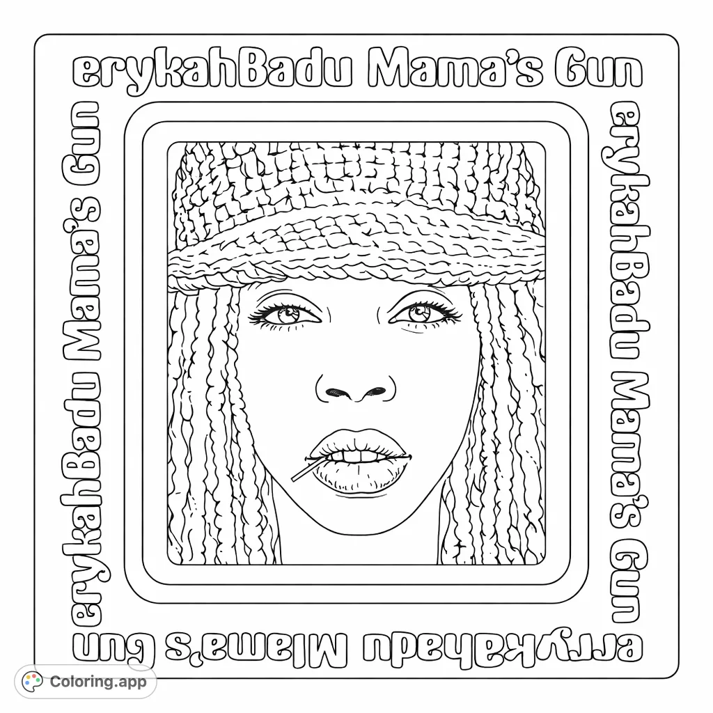 Capture the iconic portrait of an artist in a textured hat, framed by stylized retro borders and unique text elements. A distinctive, engaging coloring experience.