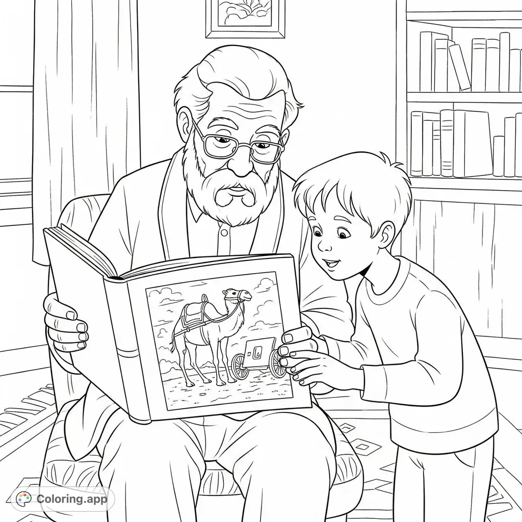 Grandfather Ernar shares war stories with his grandson, showing old photos, including one of a brave camel who was a vital battle companion.