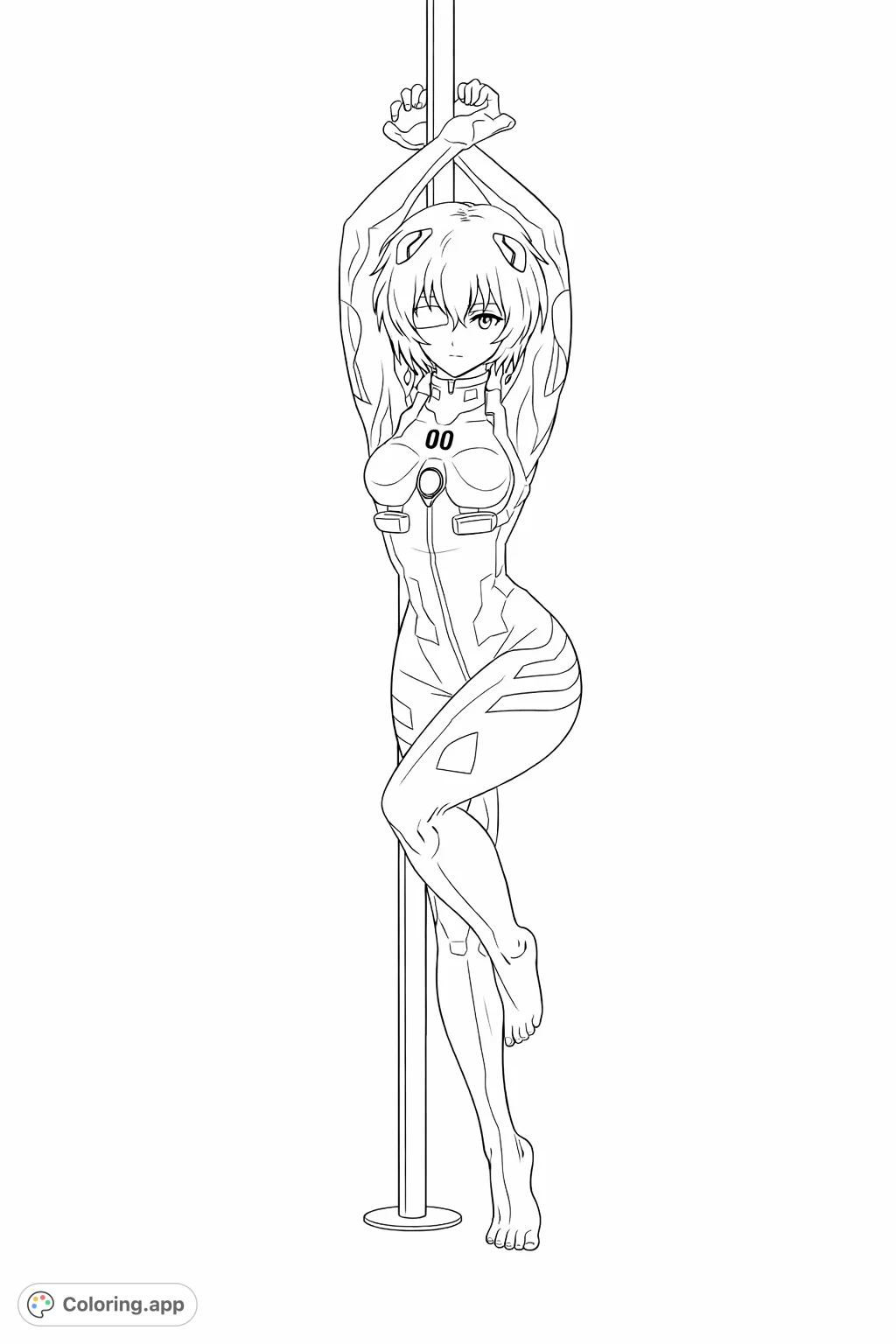 A striking anime character in a detailed plugsuit poses against a pole, showcasing a blend of futuristic style and expressive form. Perfect for sci-fi fans!