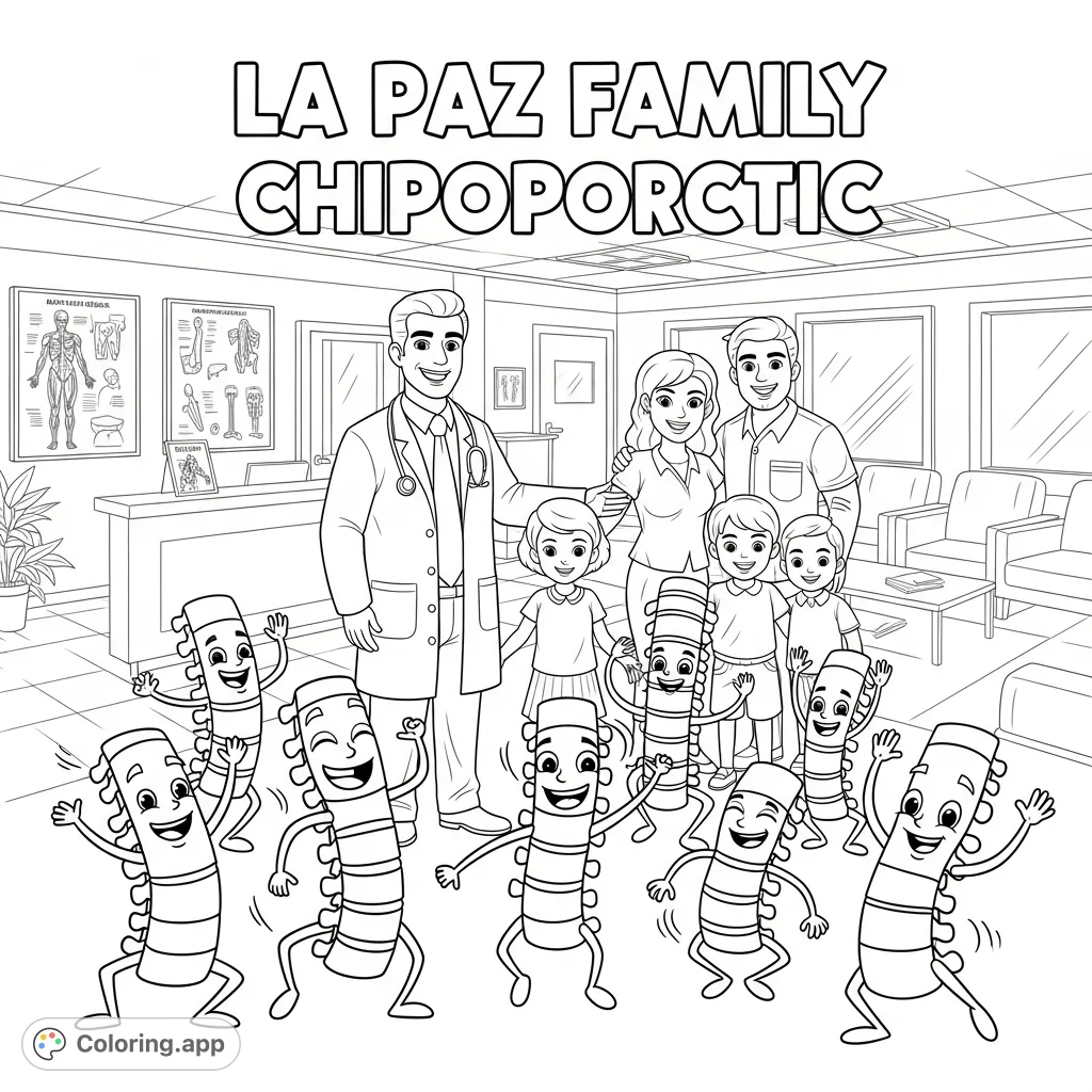A cheerful La Paz Family Chiropractic coloring page featuring dancing cartoon spines, a friendly doctor, and a happy Hispanic family in a welcoming office.