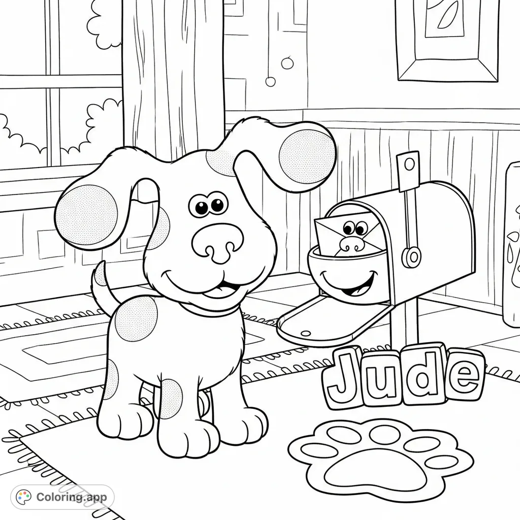 A delightful Blue's Clues coloring page featuring Blue, a friendly mailbox, the name Jude, and a paw print clue in a cozy room. Free printable fun!