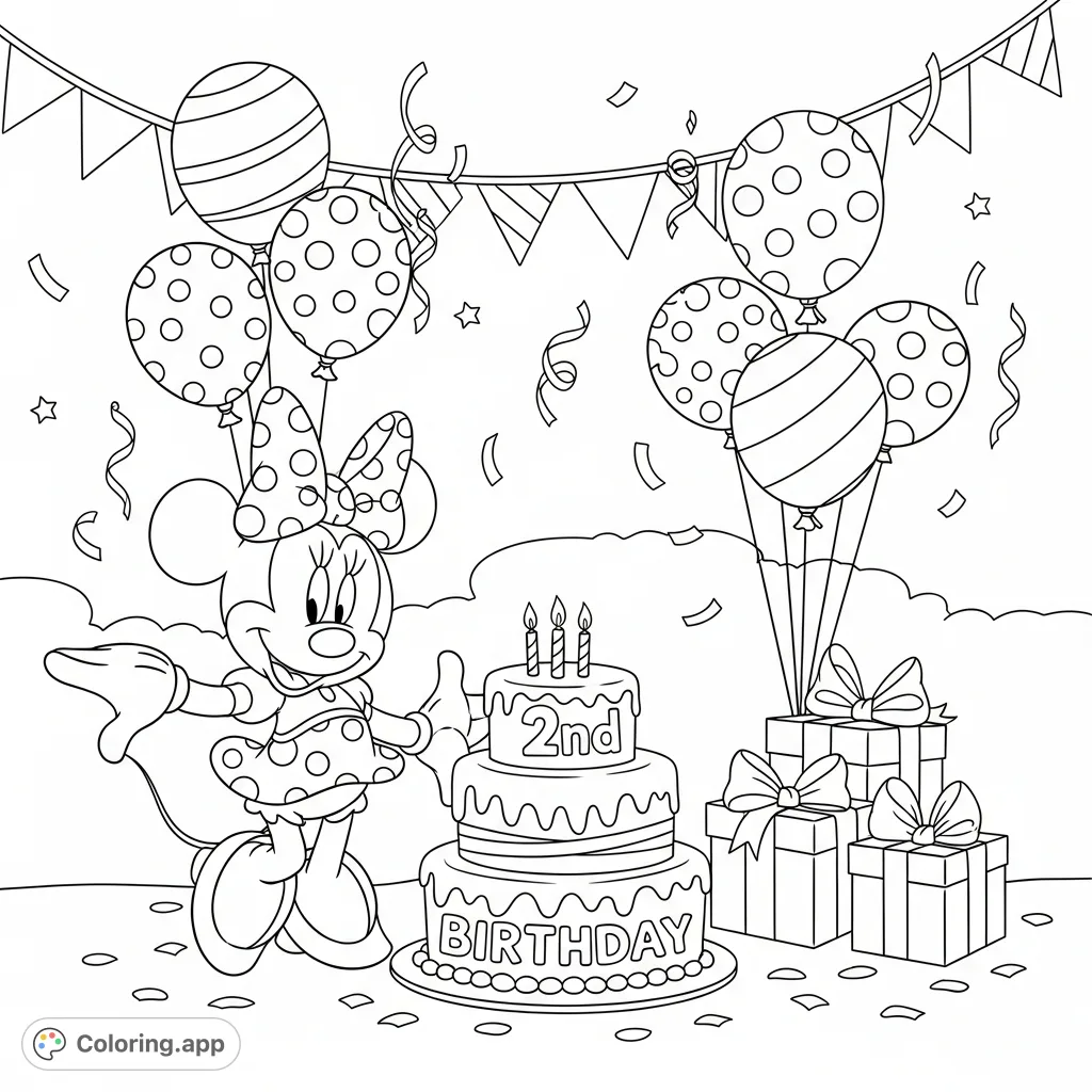 Celebrate a special 2nd birthday with Minnie Mouse! This charming coloring page features Minnie alongside a festive cake, balloons, and presents.