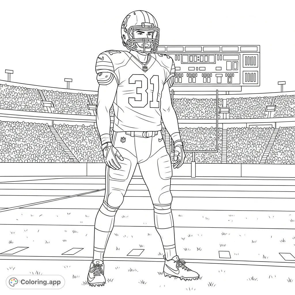 Unleash your team spirit with this Philadelphia Eagles Cooper Dejean coloring page! Features detailed uniform, stadium background, and number "31" for fans.