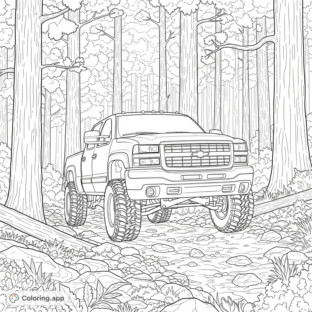 Explore the wilderness with this detailed forest truck coloring page, featuring a powerful lifted Chevy or GMC on a rugged trail amidst dense foliage.