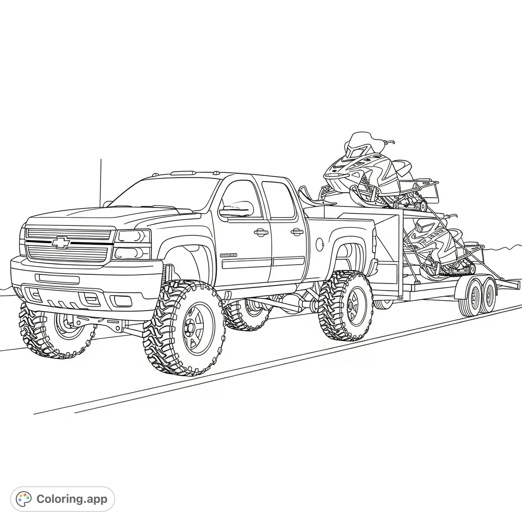 A powerful lifted 2007 Chevy 2500 truck tows two snowmobiles, ready for adventure. Perfect for vehicle and winter sports enthusiasts.