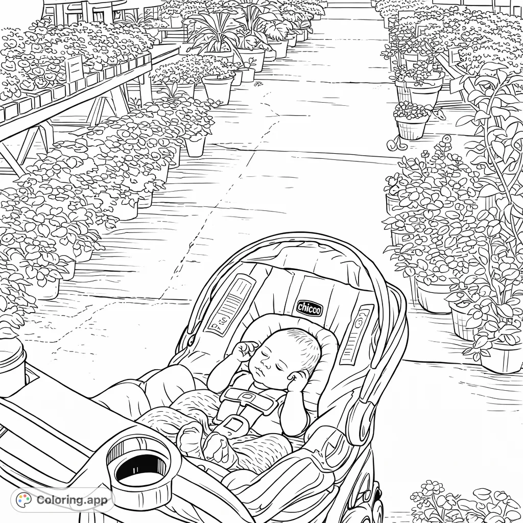 Discover tranquility with this free printable baby coloring page! A sweet infant sleeps peacefully in a stroller, surrounded by an abundance of plants and flowers.