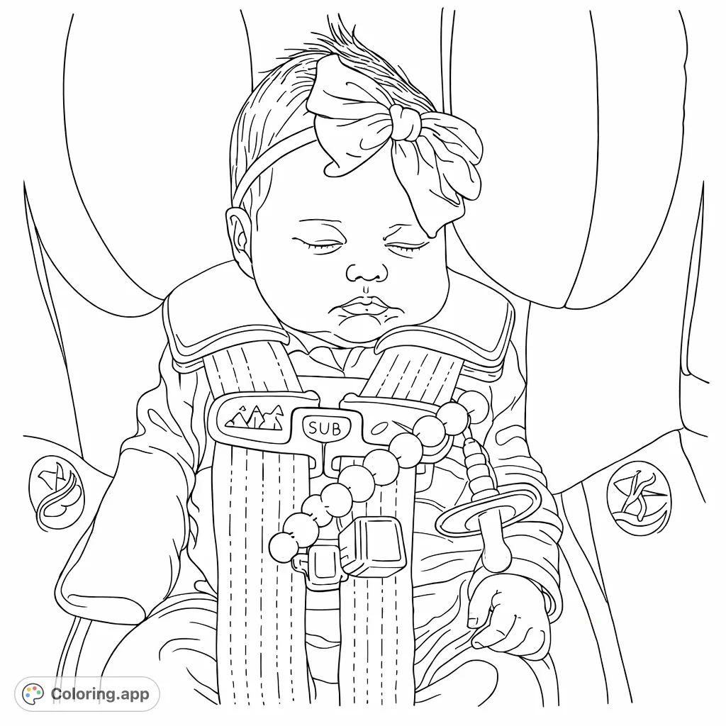 Capture the serene slumber of a newborn baby in a car seat, complete with a delicate bow and a charming pacifier clip, offering a heartwarming coloring experience.