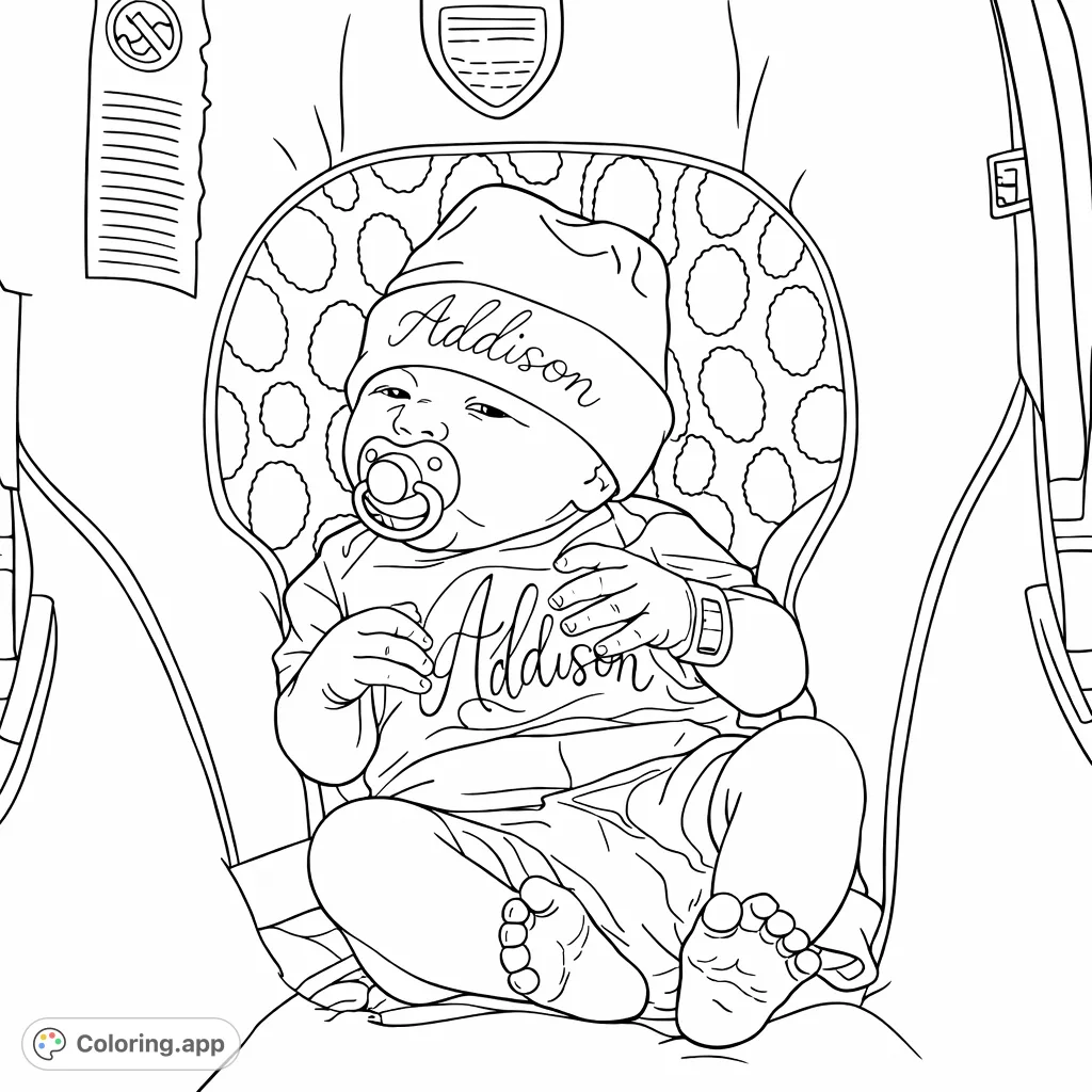 An adorable newborn baby coloring page, perfect for celebrating new arrivals, featuring a baby nestled in a car seat.