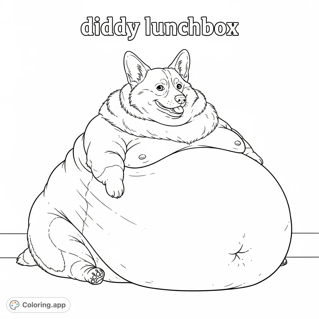 Color an enormous, charmingly obese corgi dog with its belly rolls covering the entire page, humorously paired with "diddy lunchbox" text. A fun, unique dog coloring page!