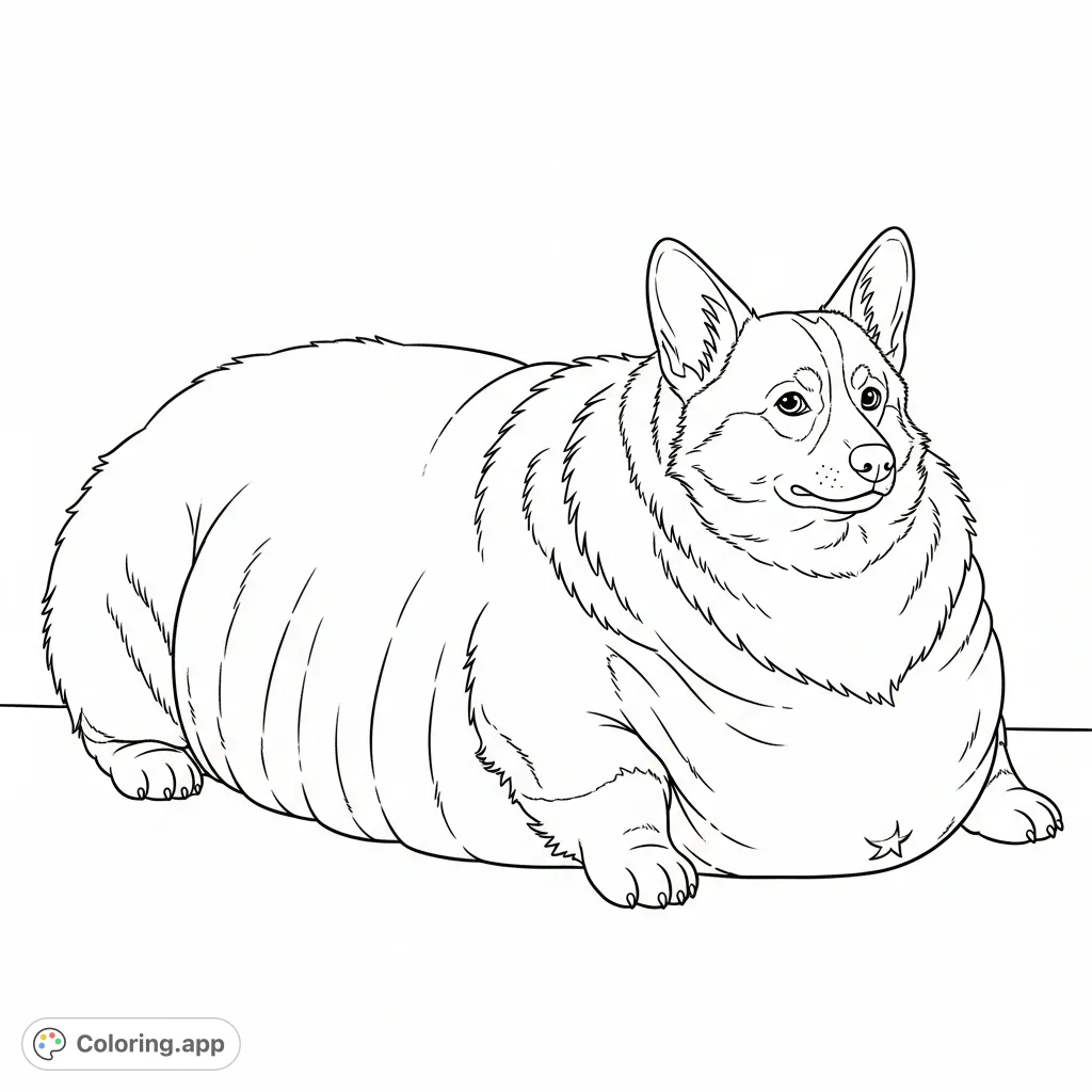 Delight in coloring an enormous, morbidly obese corgi dog with a super big belly and prominent rolls, offering a fun and unique animal coloring page.